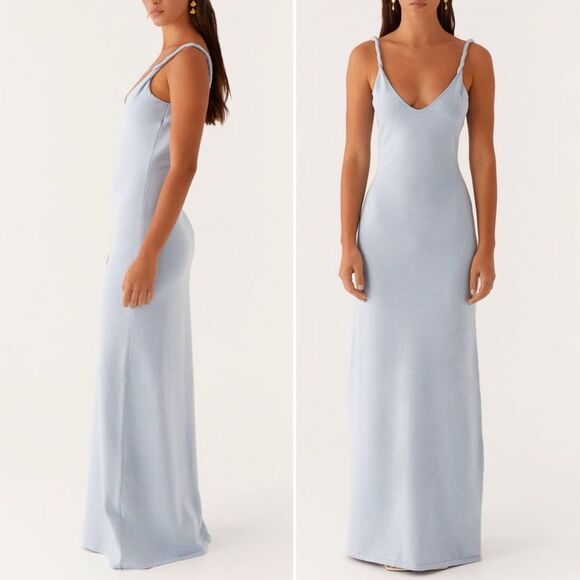 NWT PepperMayo Anastasia Maxi Dress Blue Low Back Twisted Strap Knit Size S/M - Picture 14 of 14